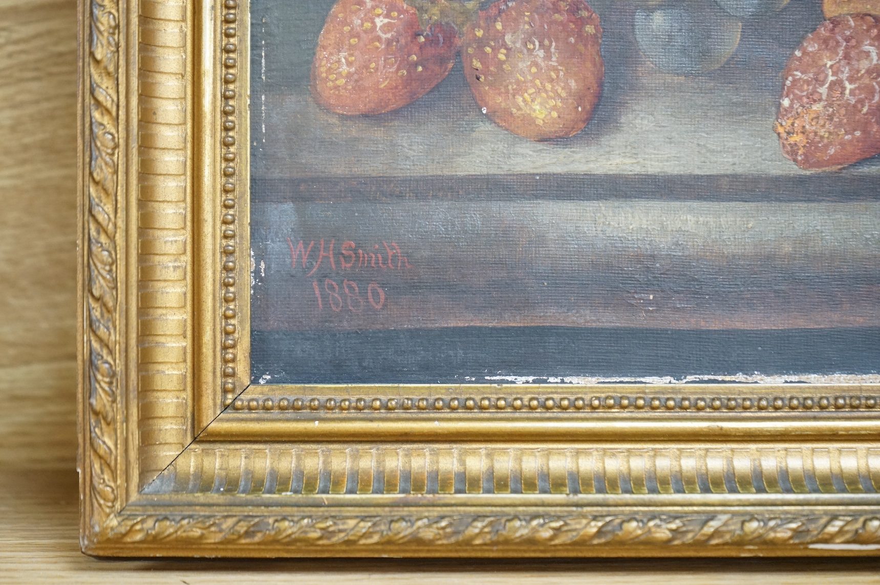 William H Smith (19th. C), oil on canvas, Still life of fruit, signed and dated 1880, 35 x 29cm, gilt framed. Condition - scuffs to the canvas